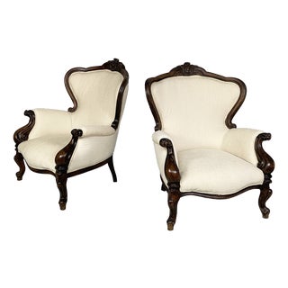 Italian Luigi Filippo Style Armchairs in Wood and White Fabric, 1930s, Set of 2 For Sale
