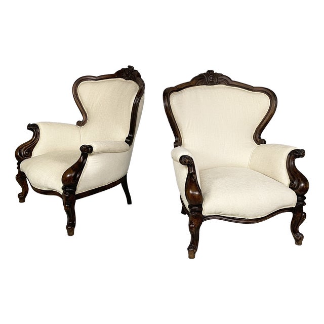 Italian Luigi Filippo Style Armchairs in Wood and White Fabric, 1930s, Set of 2 For Sale