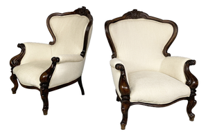 Italian Luigi Filippo Style Armchairs in Wood and White Fabric, 1930s, Set of 2