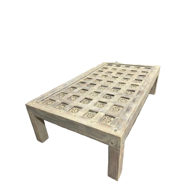 Mid-Century Modern Antique Whitewashed Lotus Carved Coffee Table – Rustic Indian Ceiling Panel Accent Table 68 For Sale - Image 3 of 8
