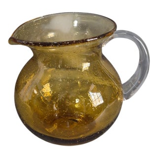 Vintage Amber Hand Blown Art Glass Controlled Bubble Pitcher For Sale