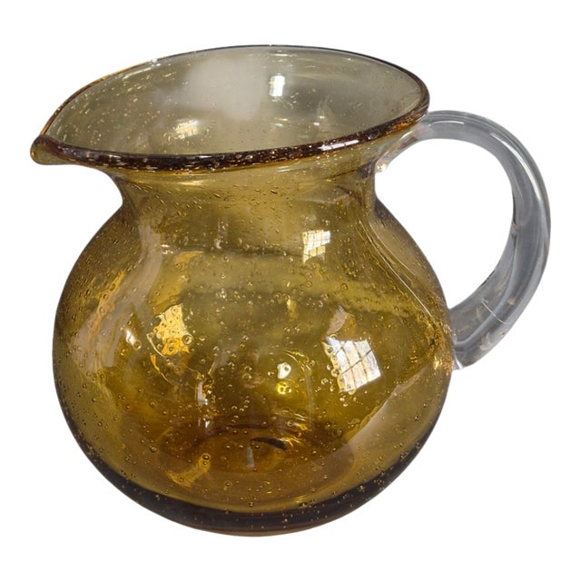 Vintage Amber Hand Blown Art Glass Controlled Bubble Pitcher For Sale