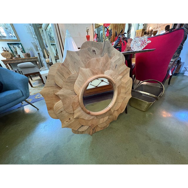 1980s Vintage Carved Wood Lotus Blossom Beveled Mirror For Sale - Image 5 of 11