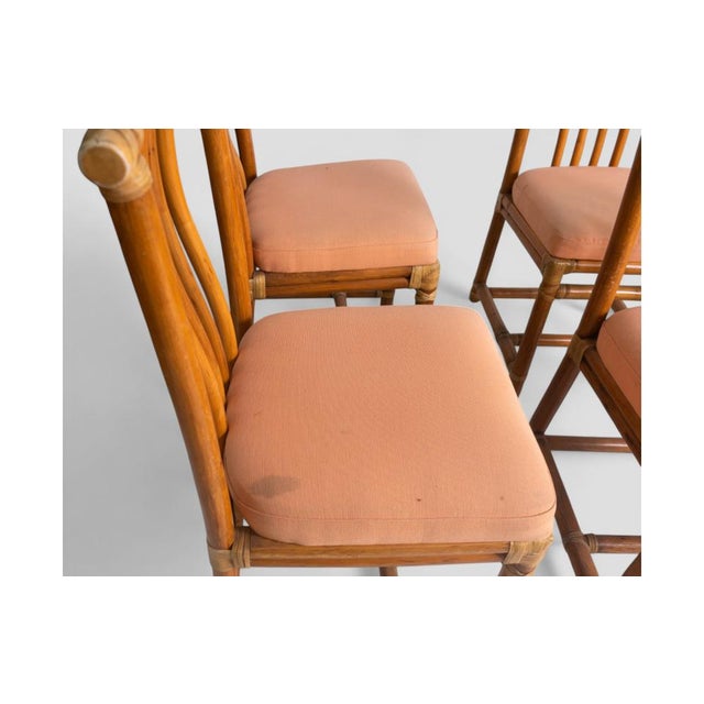 Brown Vintage Bamboo Chairs with Peach-Colored Upholstered Seats, Set of 6 For Sale - Image 8 of 10