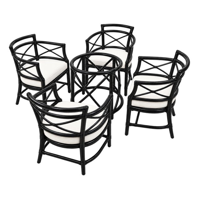 McGuire Furniture Set of 4 Gondola Chairs, With Round Table Base, Black Lacquer For Sale