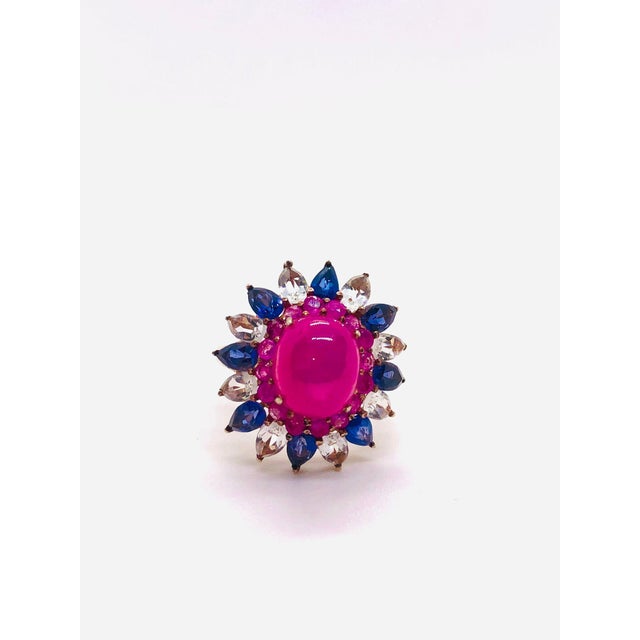 Bochic “Capri” Vintage Blue Sapphire, Ruby & Rose Cut Topaz 18K Gold & Silver For Sale - Image 10 of 12