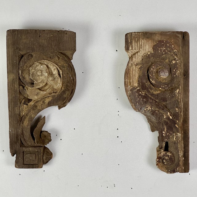 Early 20th Century Vintage Pair of Architectural Salvage Wood Elements With Remnant Paint in Scroll & Flower Design For Sale - Image 5 of 8