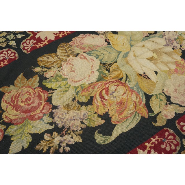 Late 19th Century 1890s Black Roses Folk Art Antique French Needlepoint Rug 5'2" X 8'8" Flatweave Wool Carpet For Sale - Image 5 of 6