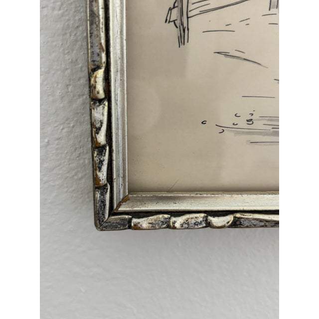 American 1940s Original Ink Drawing of Tree and Fence in Silverleaf Frame For Sale - Image 3 of 14