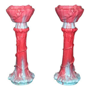 Pair Large Rare Red and Blue Figural Swimming Maiden Majolica Two Piece Planter