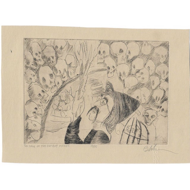 1988 etching on paper "Cave of the Patient Monks" based on the legend of Faust. Signed lower right illegibly by the artist...