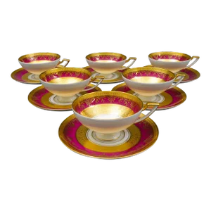 Mid 20th Century Dw Porzellan Karlsbader Wertarbeit Fuchsia Gold Encrusted Cup & Saucer Set- 12 Pieces