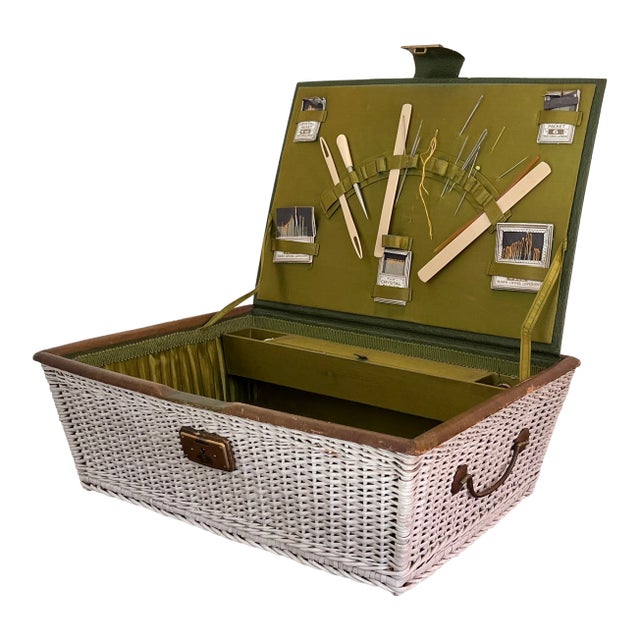Early 20th Century Mark Cross Leather and Wicker Basket Sewing Box With Silk Lining For Sale