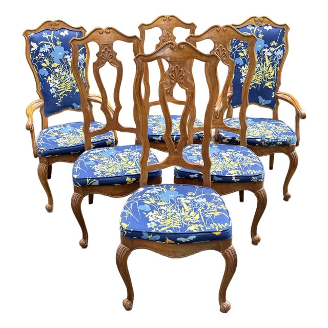 Vintage Gravely Furniture Carved French Upholstered Chairs - Set of 6 For Sale