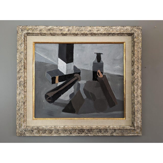 BROWN & BLACK Size: 65.6 x 74.5 cm (including frame) Oil on Board A striking original mid-century modernist composition,...