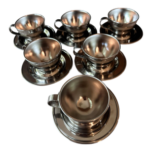 Set of 6 Vintage Nanni P. B. Inox 18/10 Italian Stainless Steel Double-Walled Espresso Demitasse Cups & Saucers, Mid-Century Modern Barware
