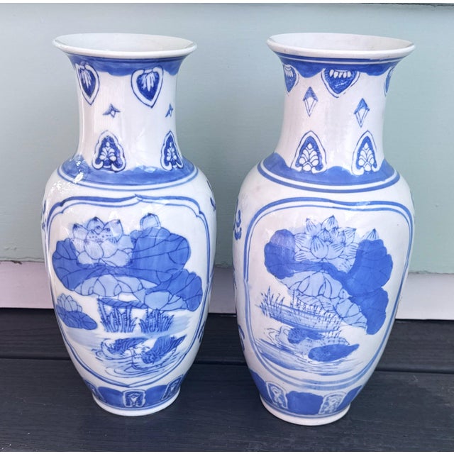 Japanese Vintage Blue & White 12" Porcelain Vases - A Pair For Sale - Image 3 of 11
