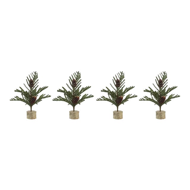 4-Piece Set 14" Artificial Spruce Tree with Small Pinecones on Birch Base For Sale