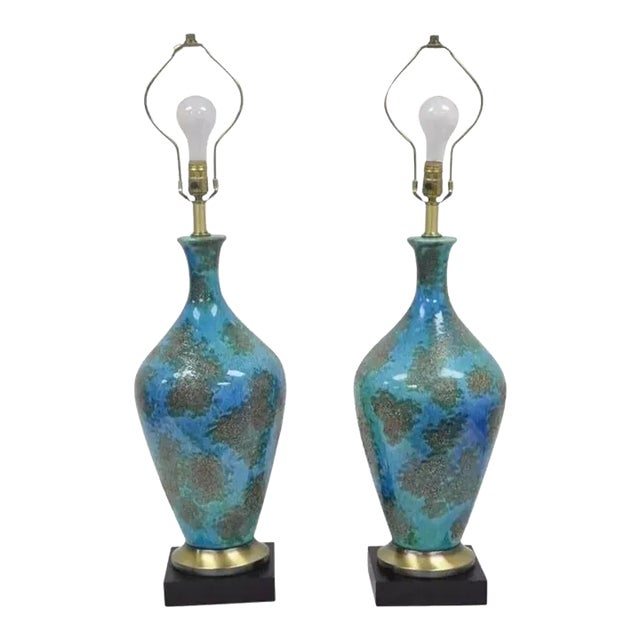 Mid Century Italian Modern Blue Glazed Ceramic Pottery "Earth" Table Lamp - Pair For Sale