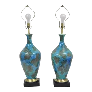 Mid Century Italian Modern Blue Glazed Ceramic Pottery "Earth" Table Lamp - Pair
