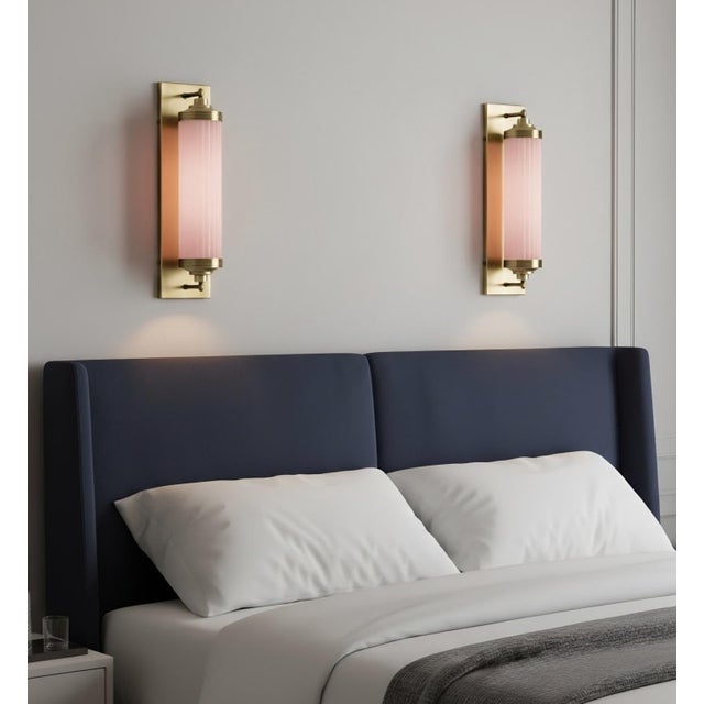 Pair Skyscraper Vintage Art deco light Old Lamp Wall Sconces Fixture Brass & Pink Glass Rod Ship Light Excellent Working...