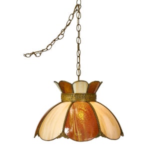 Mid-Century Two Tone Slag Glass Pendant Fixture For Sale