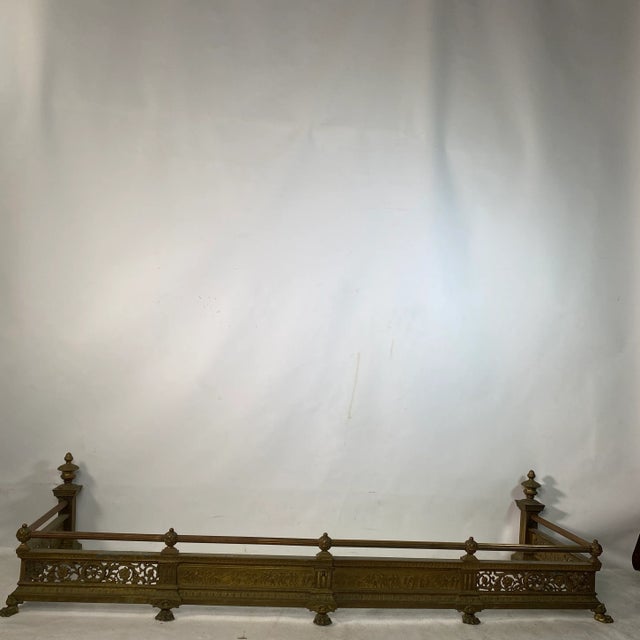 Antique Grecian War Scened Floral Pierced Claw Foot Brass Fireplace Fender For Sale - Image 13 of 13