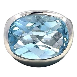 1990s Natural Solitaire Blue Topaz Ring Size 6.5 14k W Gold 17.35 Cts Certified For Sale