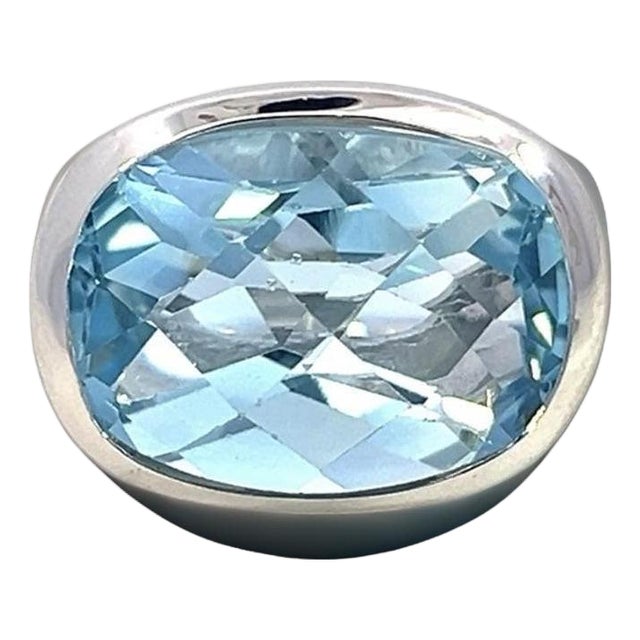 1990s Natural Solitaire Blue Topaz Ring Size 6.5 14k W Gold 17.35 Cts Certified For Sale