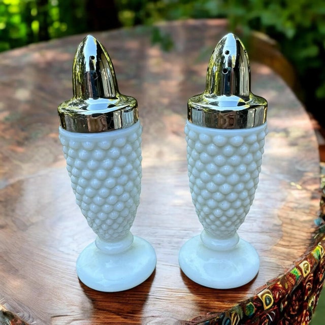 Fenton Art Glass Company White Milk Glass Hobnail Salt & Pepper Shakers- A Pair For Sale - Image 4 of 11