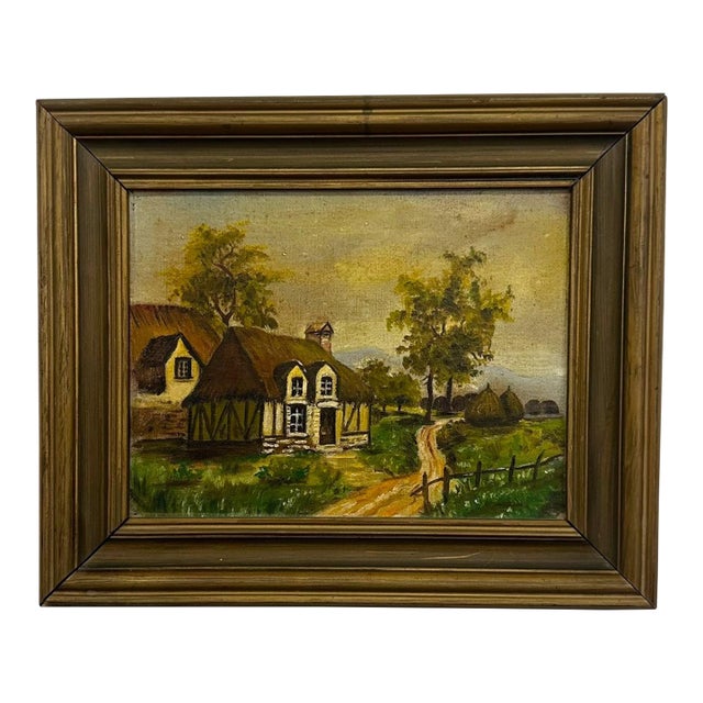 Vintage Unsigned Cottage Landscape Oil Painting – Framed European Countryside Scene. For Sale