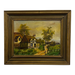 Vintage Unsigned Cottage Landscape Oil Painting – Framed European Countryside Scene.