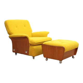 1960s Mid Century Tulip Lounge Chair and Ottoman in Yellow Boucle by G Plan - Set of 2 For Sale