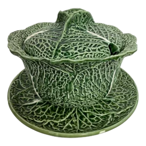 1970s Vintage Majolica Cabbage Lidded Soup Tureen With Under Plate