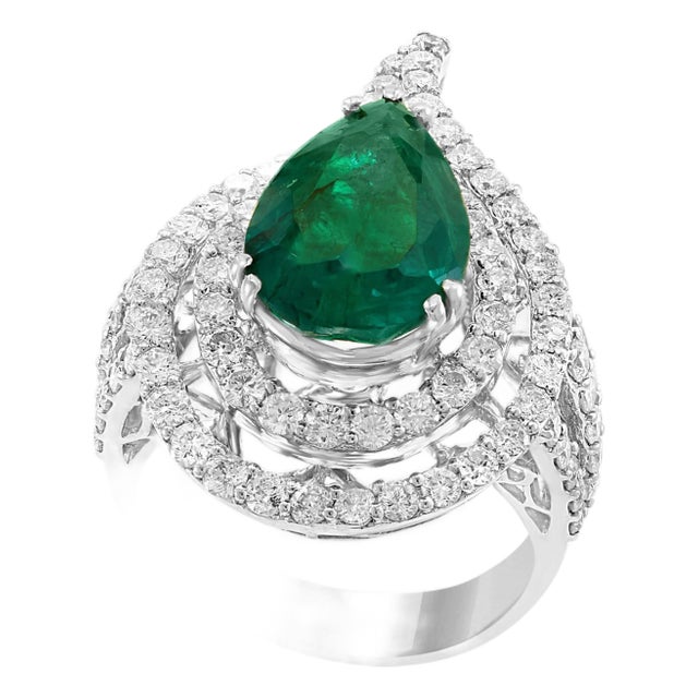 3.93 Carat Pear Colombian Emerald and Diamond 18 Karat White Gold Ring Estate For Sale