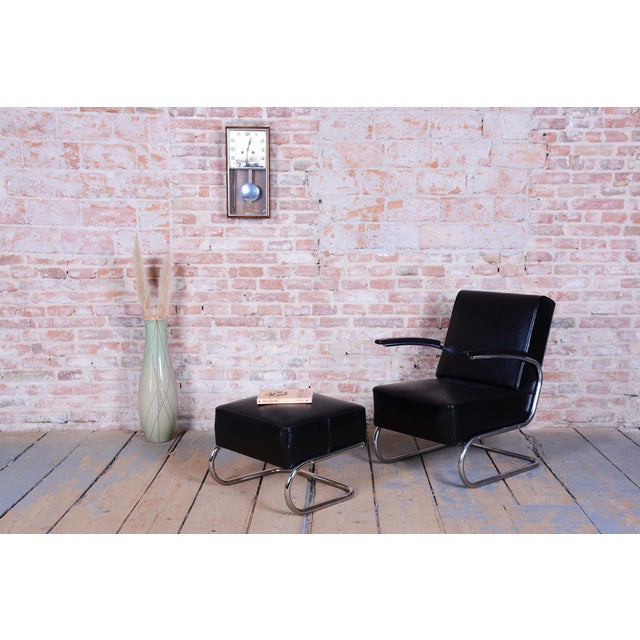 Set of Art Deco Lounge Chair with Ottoman in Chromed Steel and Leather by Willem Hendrik Gispen for Mücke Melder, Czech, 1930s For Sale - Image 11 of 12
