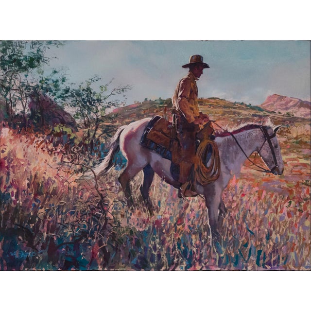 This gouache painting captures a solitary cowboy on horseback, set against a vibrant landscape filled with wildflowers and...