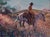 This gouache painting captures a solitary cowboy on horseback, set against a vibrant landscape filled with wildflowers and...