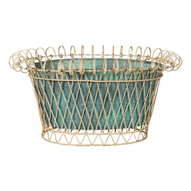 Rustic French Midcentury Oval Metal Cachepot with Scrolling Effects For Sale