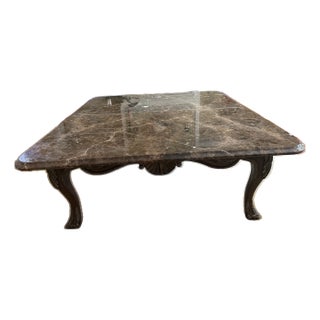 Henredon Carved Wood Cocktail Table With Marble Top For Sale