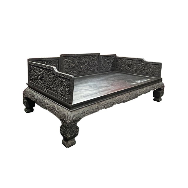 Oriental Dragon Relief Motif Solid Dense Tan Wood Luohan Daybed For Sale - Image 14 of 16
