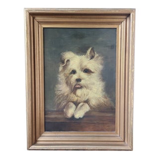 Antique 19th Century Victorian Oil Painting Portrait of a Terrier Dog For Sale