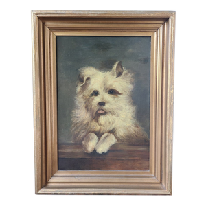 Antique 19th Century Victorian Oil Painting Portrait of a Terrier Dog