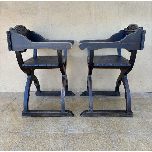 Spanish Renaissance Revival Carved Savonarola Chairs, 1920, Set of 2 For Sale - Image 9 of 11
