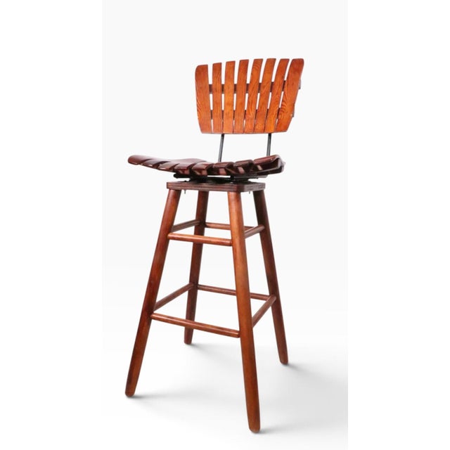 Arthur Umanoff Pair Mid Century Wood Slat Swivel Bar Height Stools by Arthur Umanoff For Sale - Image 4 of 12