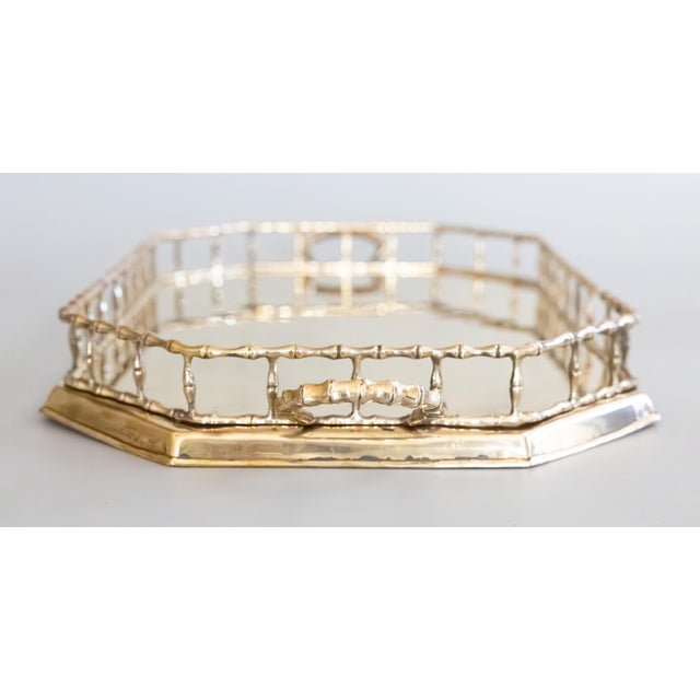 Large Mid-Century Faux Bamboo Polished Brass Octagonal Gallery Serving Tray For Sale In Houston - Image 6 of 11