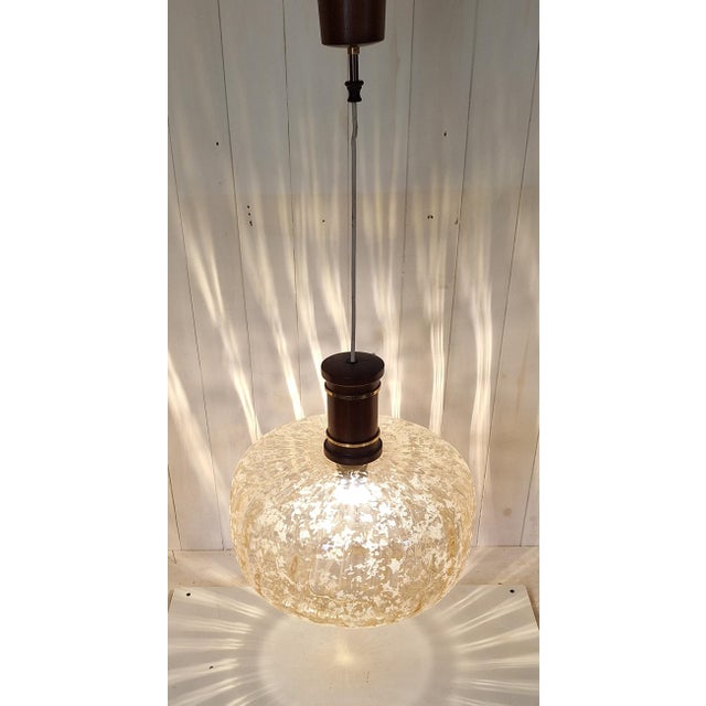 Vintage Ceiling Lamp with Amber-Tinted Glass Shade on Mahogany and Brass Mount, 1980s For Sale - Image 3 of 7