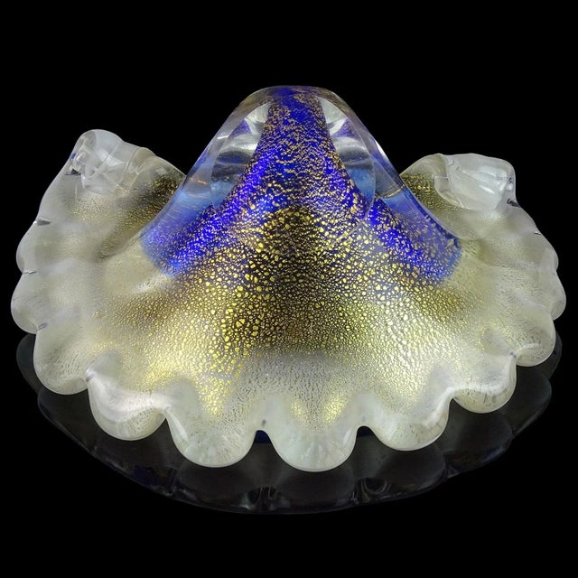 Murano Murano Vintage Blue White Gold Flecks Italian Art Glass Seashell Ring Dish Mid Century Era Decorative Bowl For Sale - Image 4 of 6