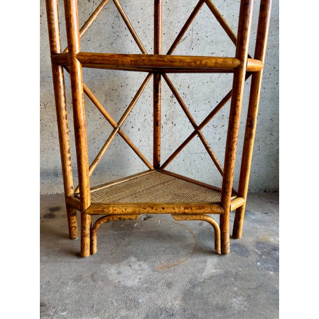 Vintage 1950s Tiger Rattan Corner Shelf, Pagoda Top, Three Tier For Sale - Image 4 of 6