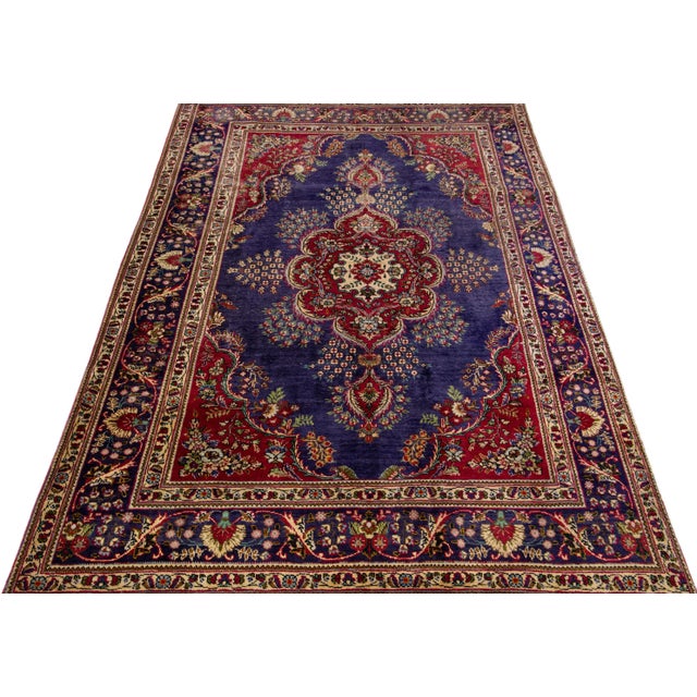 Persian 1960s Vintage Persian Tabriz Handmade Medallion Navy Blue Wool Rug For Sale - Image 3 of 7